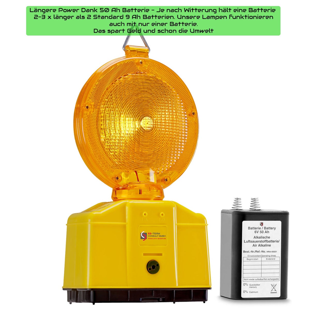 UvV Baustellenleuchte LED Warnleuchte gelb Lampenschlüssel mit/ohne Batterie / Luft-Sauerstoff 50 Ah (1 Stück)