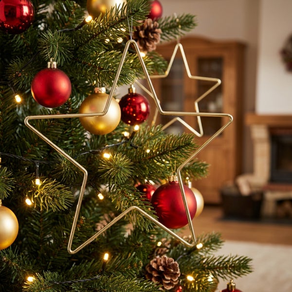 Weihnachtsbaum geschmückt mit Sternenanhängern aus Metall sowie Kugeln und Lichterkette in einem wohnlichen Raum.