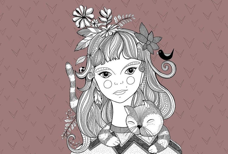 Stilisierte Illustration eines Mädchens mit Blumen im Haar und einer Katze, Wandtapete.