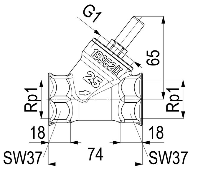 Maßzeichnung eines Ventils mit Maßen in Millimeter, Anschlüsse Rp 1 und G 1, Länge 74 Millimeter und Höhe 65 Millimeter.