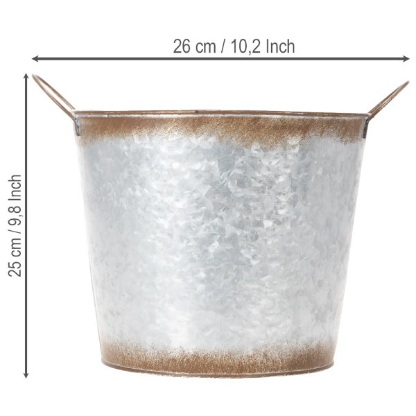 Verzinkter Metalleimer mit Maßen: Höhe 25 Zentimeter, Breite 26 Zentimeter.