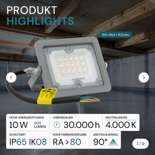 Luxula LED-Strahler mit hoher Energieeffizienz, einer Lebensdauer von 30000 Stunden und einer neutralweißen Farbtemperatur von 4000 Kelvin.
