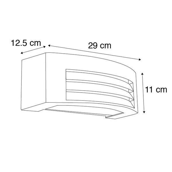 Skizze einer Außenwandleuchte mit Maßangaben: Breite 29 Zentimeter, Höhe 11 Zentimeter und Tiefe 12,5 Zentimeter.