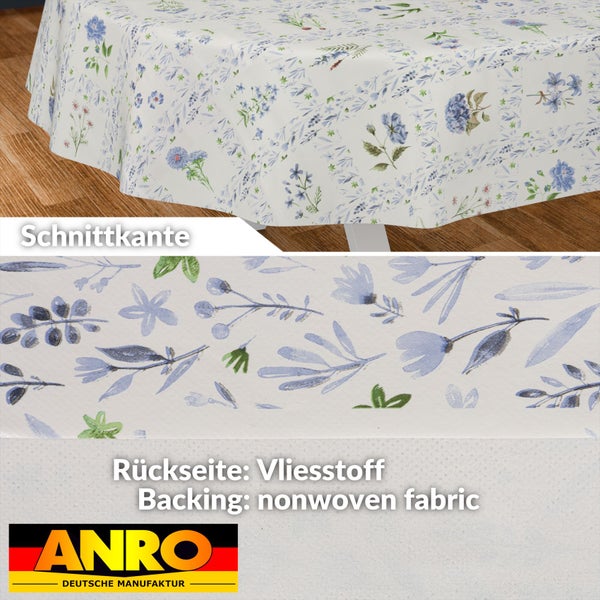 Tischdecke mit Blumenmuster, Schnittkante, Rückseite aus Vliesstoff und ANRO Deutsche Manufaktur Logo.