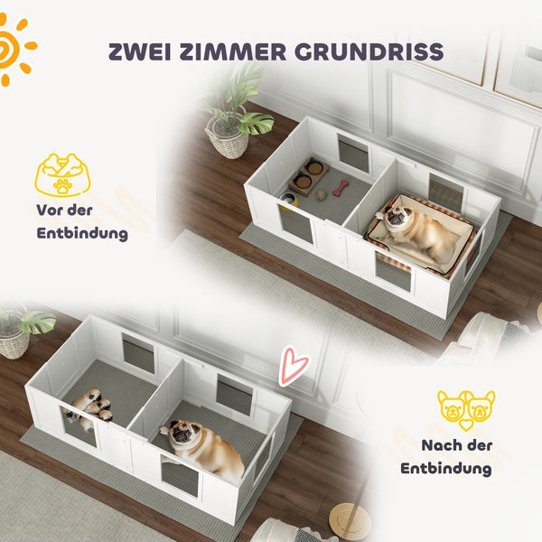 PawHut Wurfkiste für Welpen, Welpenauslauf mit 2-Raum-Design, Hundelaufstall mit Tür Welpen-Wurfbox, Welpenlaufstall für kleine Hunde, 164x80x48 cm, Weiß