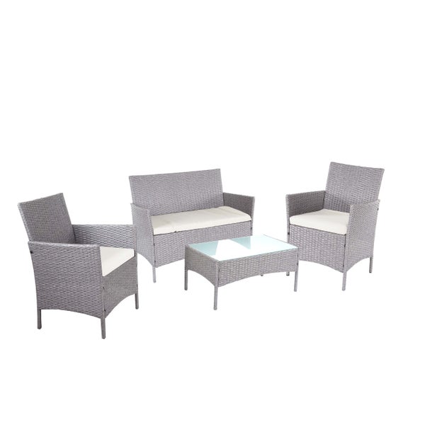 Gartenmöbel-Set aus grauem Polyrattan, bestehend aus Zweisitzer-Sofa, zwei Sesseln, Sitzkissen und einem Tisch mit Glasplatte.