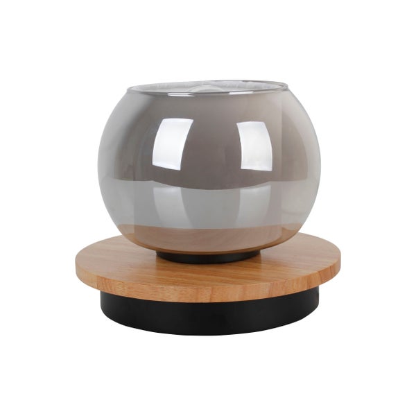 Dekorative Tischleuchte mit Glasschirm und Holzfuß