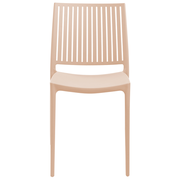 Stapelstuhl aus Kunststoff in Apricot mit vertikal geschlitzter Rückenlehne.