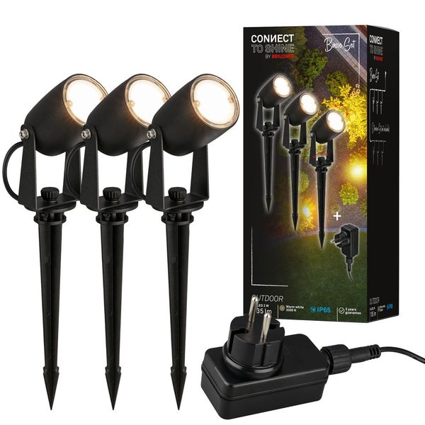 Briloner LED Gartenstrahler Set Connect to Shine, drei schwarze Leuchten mit Erdspießen, Netzstecker, warmweißes Licht, IP65 strahlwassergeschützt.