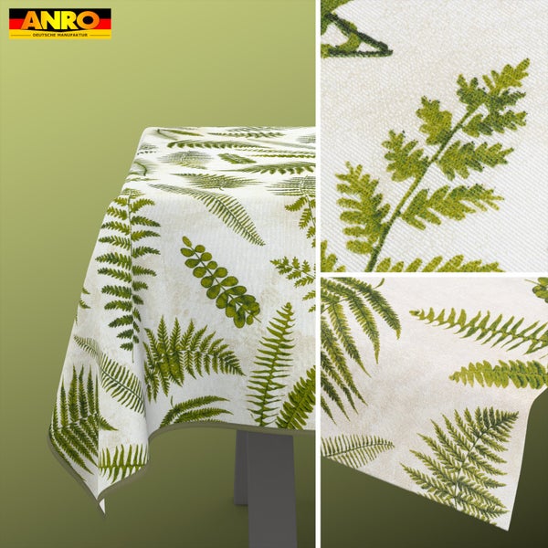 ANRO Logo. Tischdecke mit grünem Farnmuster auf hellem Hintergrund mit Detailansichten der Gewebestruktur und Kante.