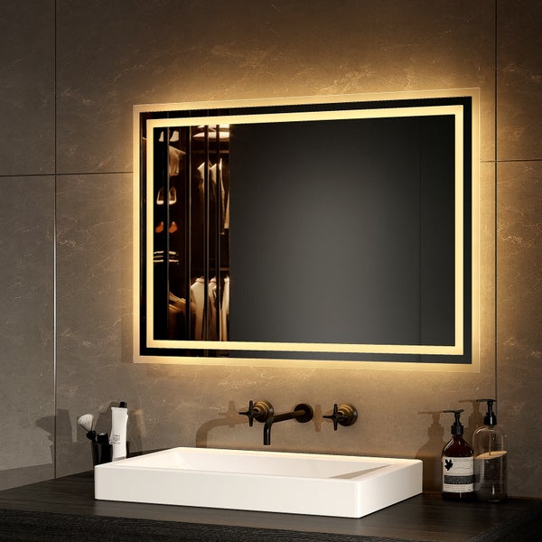 EMKE LED-Badspiegel 70 x 50 cm, Warmweiß, 21 W, Aluminiumbügel Weiß, rostfreier Spiegel, Stromausfall-Memory, flexible Montage, IP44, für Bad