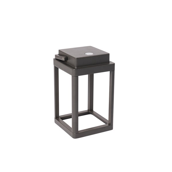 Moderne quadratische Außenlaterne aus Metall in Anthrazit mit praktischem Tragegriff.