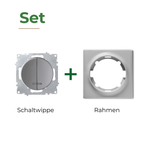 Set bestehend aus Schaltwippe für Doppeltaster und passendem Abdeckrahmen für die Unterputz Installation