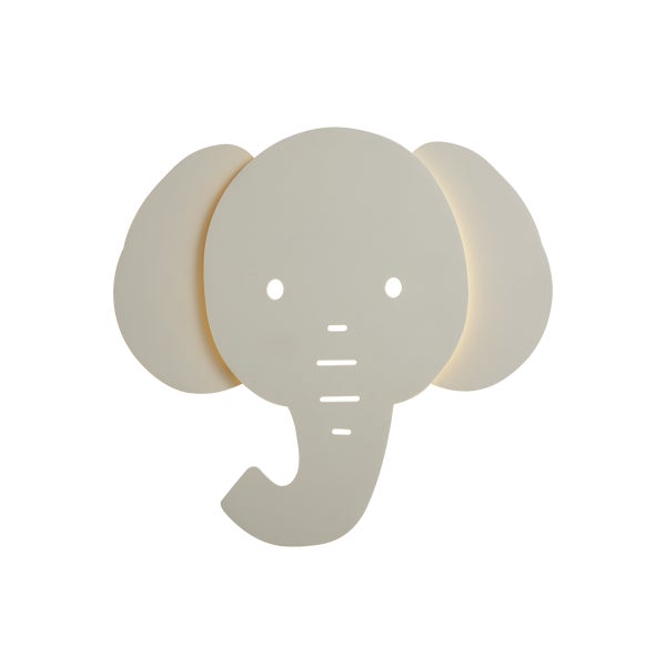 Wandlampe in Form eines Elefantenkopfes für das Kinderzimmer, beige, mit sanfter Hinterleuchtung.