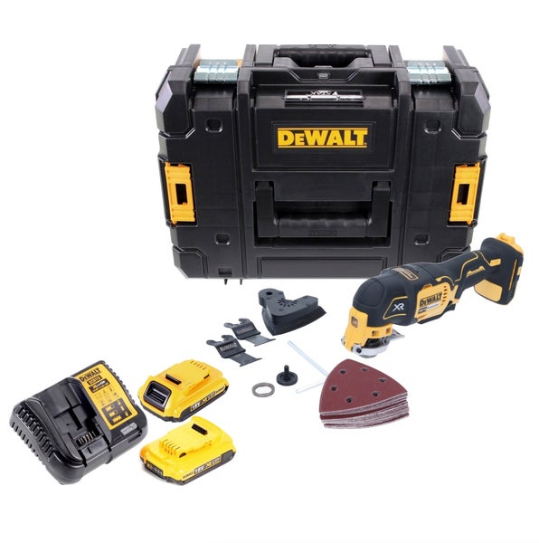 DeWALT Akku-Multitool 18 Volt Set mit TSTAK Koffer, zwei Akkus, Ladegerät und Zubehör für Säge- und Schleifarbeiten.