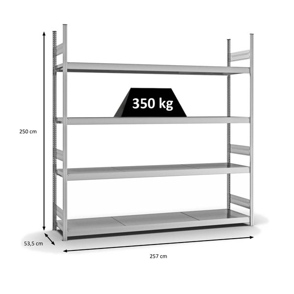 PROREGAL Weitspannregal Stecksystem T-Profil Grundregal HxBxT 250x250x50 cm 4 Ebenen Stahlplatten Fachboden Fachlast 350 kg Verzinkt