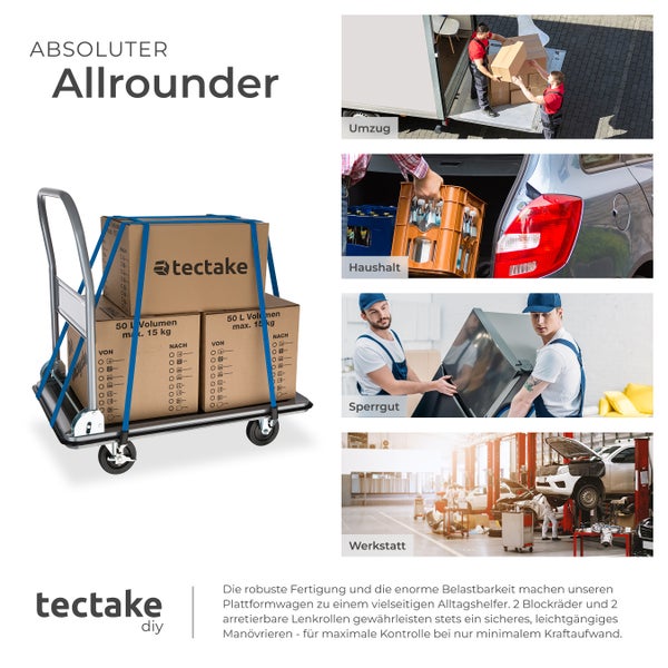Produktbild eines Transportwagens mit verschiedenen Anwendungsszenarien, darunter Umzug, Haushalt, Sperrgut und Werkstatt.