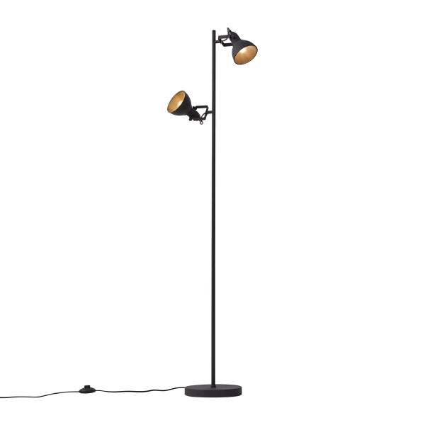 Stehleuchte mit zwei verstellbaren Spots, Metall, Schwarz und Gold.