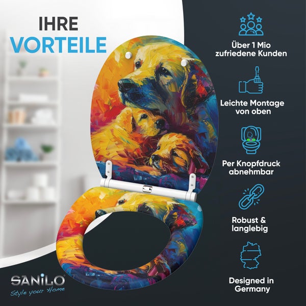 WC Sitz mit Hunde Motiv und Sanilo Logo sowie Infografik zu Vorteilen wie Montage und Robustheit
