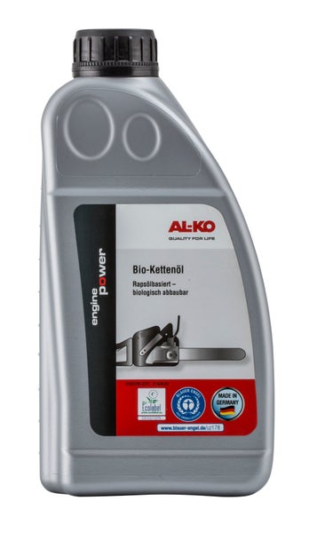 AL-KO Bio Kettenöl in einer Flasche, rapsölbasiert und biologisch abbaubar mit EU Ecolabel und Blauer Engel Zertifizierung.