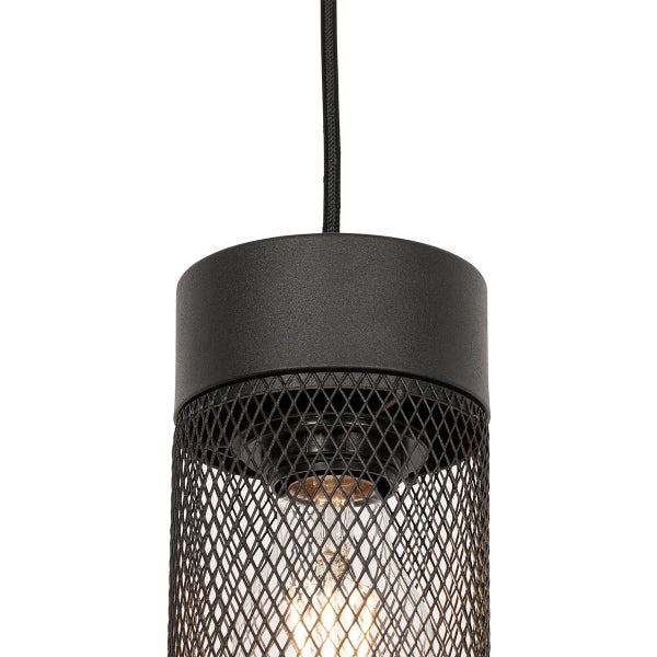 Hängelampe mit schwarzem Metallsockel und Drahtgeflecht