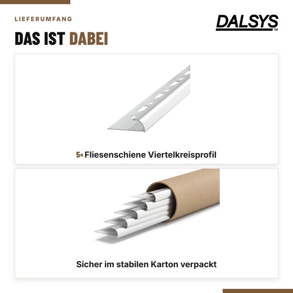 Dalsys Logo Lieferumfang mit 5 Fliesenschienen als Viertelkreisprofil, sicher verpackt in einem stabilen Kartonrohr.