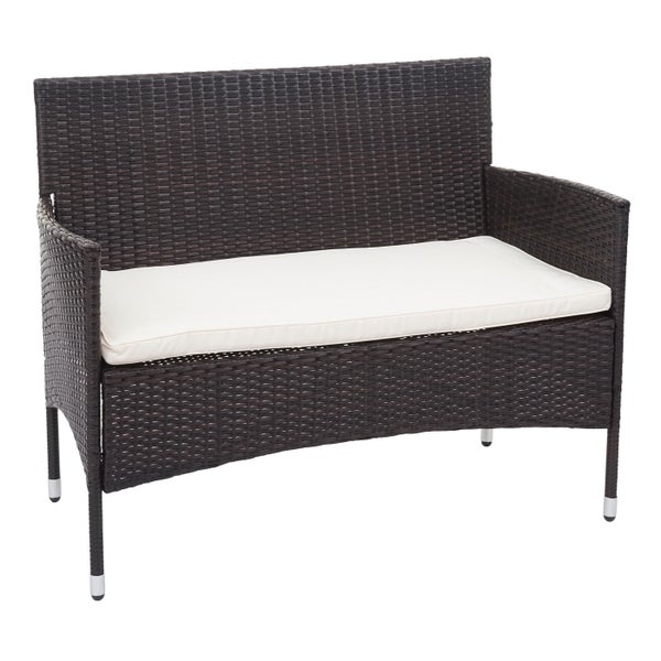 Gartenbank aus Polyrattan in Dunkelbraun mit weißem Sitzkissen.
