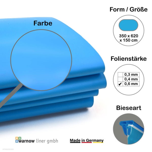 Produktinformationen Schwimmbadfolie: Farbe, Form mit den Maßen 350 x 620 x 150 cm, Folienstärke 0,6 mm, Bieseart und Warnow Liner GmbH Logo