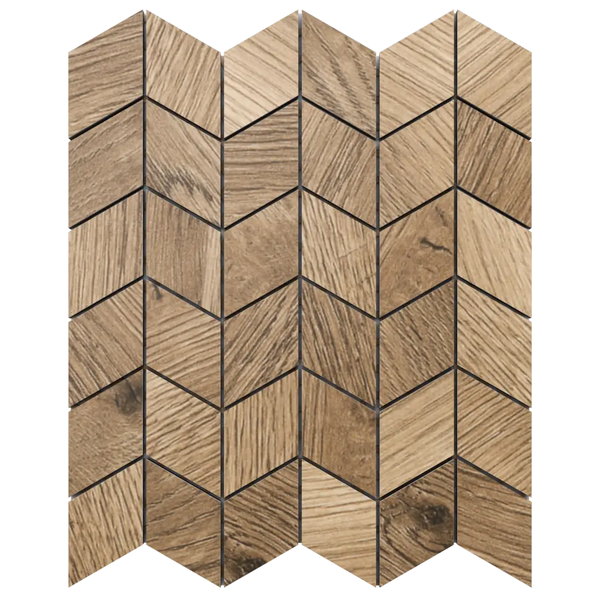 Mosaikfliese in Holzoptik mit Chevron-Muster.