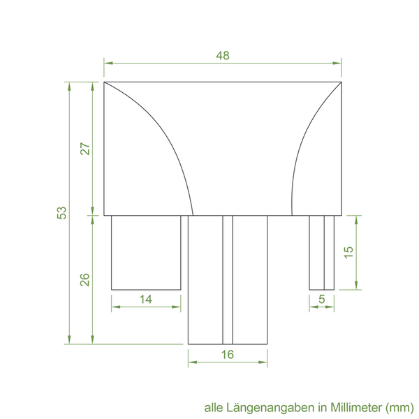 Technische Zeichnung mit Maßangaben in Millimetern für ein Bauteil mit einer Gesamtbreite von 48 Millimetern und einer Gesamthöhe von 53 Millimetern.
