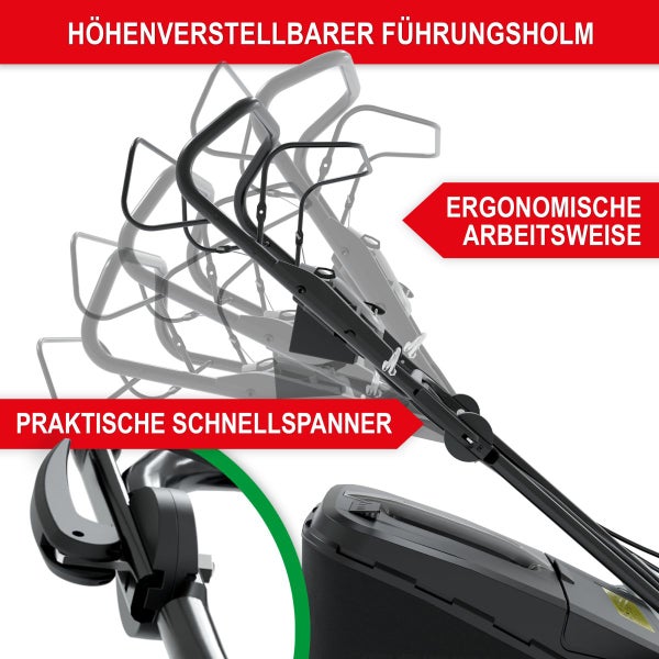 Höhenverstellbarer Führungsholm für ergonomisches Arbeiten mit praktischen Schnellspannern am Rasenmäher.
