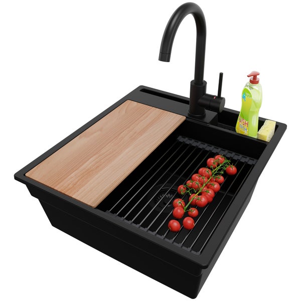 PRIMAGRAN Granitspüle Alles Schwarz 48x53cm, Spülbecken 1 Becken + Küchenarmatur 32x20cm + Ablauf-Set + Küchenzubehörset, Küchenspüle ab 50er Unterschrank - Oslo Pocket