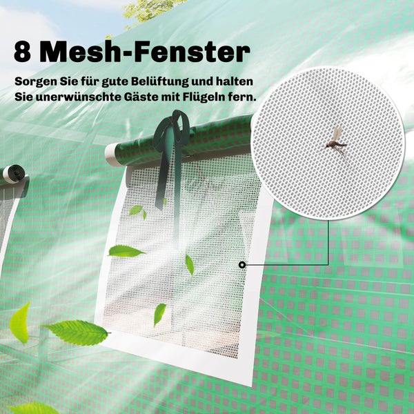 Gewächshausfolie mit acht Mesh-Fenstern für Belüftung und Insektenschutz sowie Detailansicht des feinmaschigen Netzes.