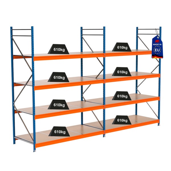 Lagerregal mit Traglastangabe 610 Kilogramm und Herkunftskennzeichnung Europäische Union