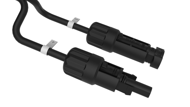 Solarkabel-Steckverbinder mit Plus- und Minus-Markierung für Photovoltaikanlagen.