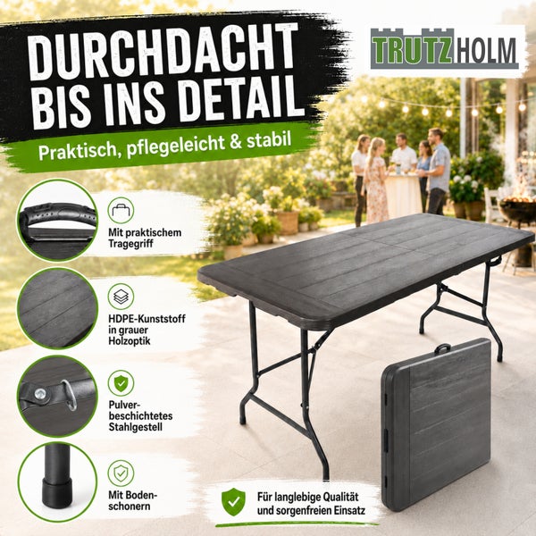Klappbarer Gartentisch von Trutzholm mit Tragegriff, HDPE Tischplatte in Holzoptik und pulverbeschichtetem Stahlgestell mit Bodenschonern.