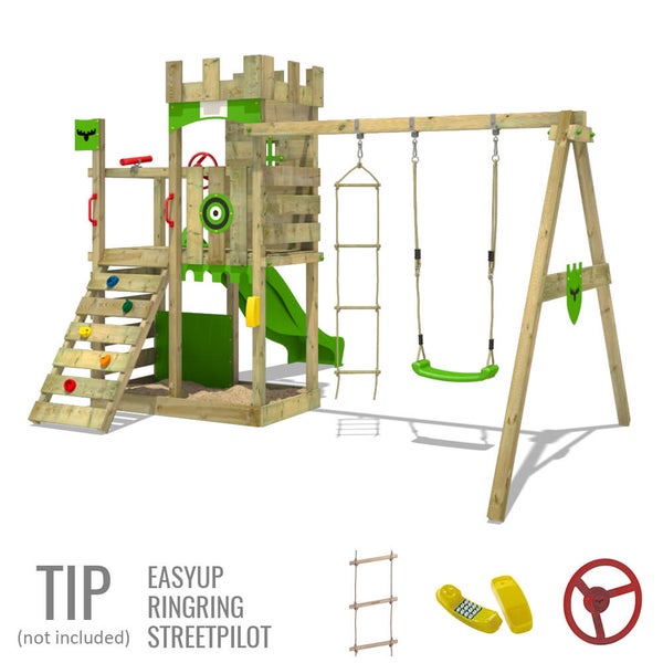 Fatmoose Spielturm Klettergerüst BoldBaron mit Doppelschaukel und Rutsche  – grün