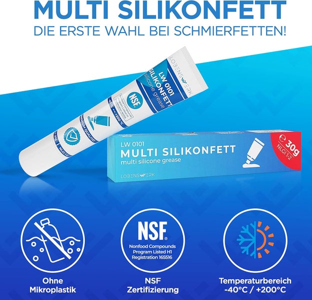 Multi Silikonfett Tube mit Verpackung, 30 Gramm, NSF H1 zertifiziert, temperaturbeständig minus 40 bis plus 200 Grad, ohne Mikroplastik.