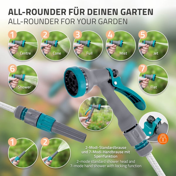 ECD Germany Schlauchaufroller 20m+2m, Schlauchtrommel, Wand-Schlauchbox RollUp mit Arretierstop und 9 Sprühfunktionen, 180° Schwenkbar, Automatischer Wasser Gartenschlauch-Aufroller zur Wandmontage