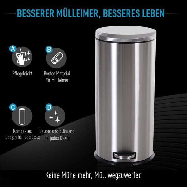 HOMCOM 30L Mülleimer, Ø29,2 x 62,5 cm, Edelstahl, Silber