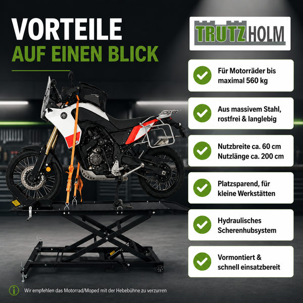 Organisierte Werkstatt mit Motorrad auf Trutzholm Hebebühne aus Stahl, Tragkraft 560 Kilogramm, Länge circa 200 Zentimeter, Trutzholm Logo.