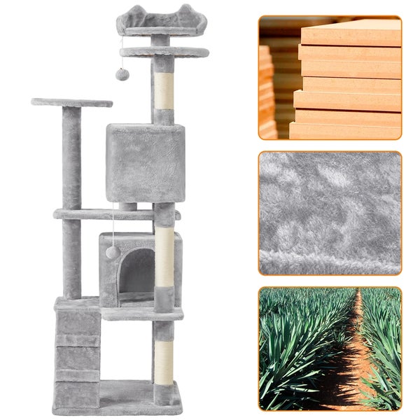 Grauer Katzenkratzbaum mit mehreren Ebenen, Kratzstämmen und Spielzeug