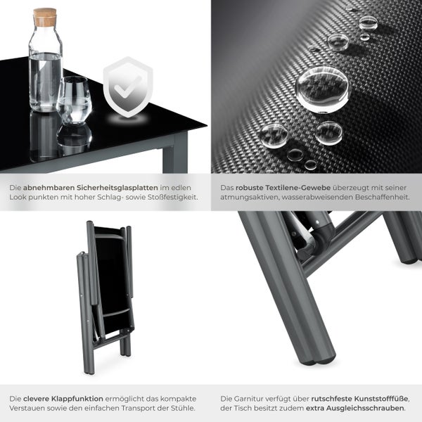 Sitzgruppe tectake Ercolano Tisch mit Sicherheitsglasplatten und Ausgleichsschrauben mit Aluminiumgestell, für 6 Personen anthrazit