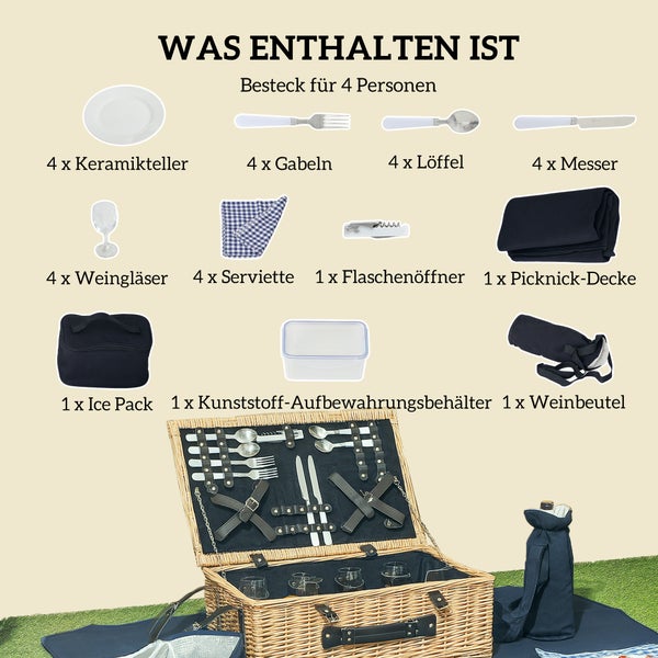 Outsunny Picknickkorb aus Weidenholz Picknickkoffer für 4 Personen mit Isoliert Kühlfach Picknickdecke Besteck Set, Picknick Set Komplettset für Camping Strand Weihnachten Naturholz