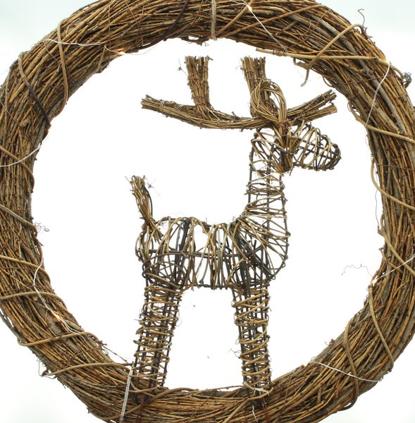 FRANK FLECHTWAREN | LED-Kranz Rentier, Ø 44 cm, HOLZ, METALL, KUNSTSTOFF, JUTE