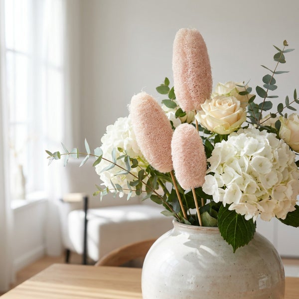 Blumenstrauß in einer Keramikvase mit Hortensien Rosen Eukalyptus und getrockneten Luffa Elementen auf einem Holztisch vor einem Fenster