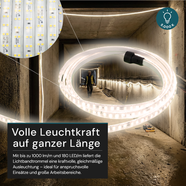 LED-Lichtband für Baustellen mit 5.000 Kelvin Farbtemperatur, aufgerollt und montiert in einem Betontunnel zur hellen Ausleuchtung dargestellt.