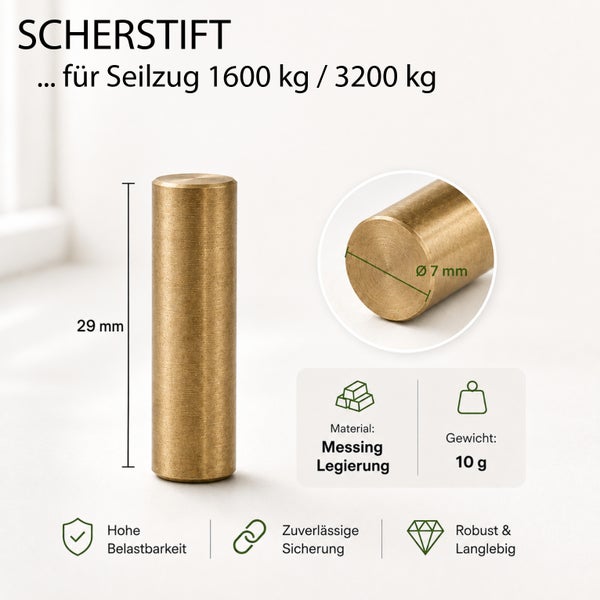Scherstift für Seilzug 1600 kg und 3200 kg aus Messinglegierung mit 29 Millimeter Länge und 7 Millimeter Durchmesser.