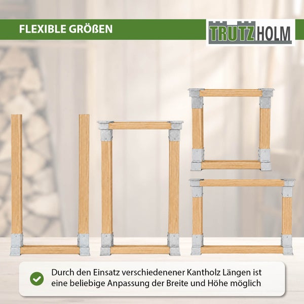 Trutzholm Kaminholzregal Stecksystem zur individuellen Anpassung der Breite und Höhe mit Kantholzverbindern.