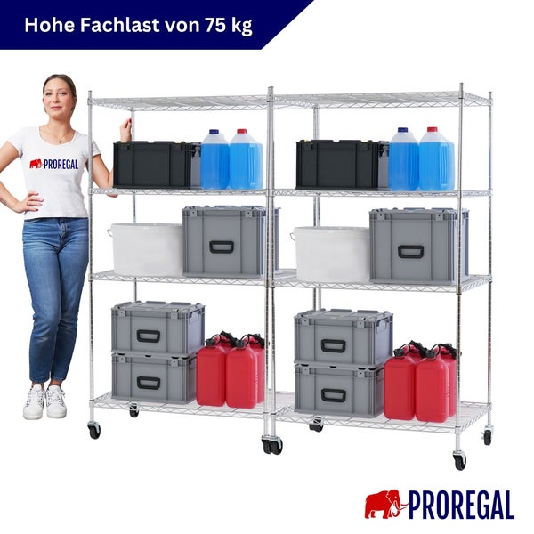 Verchromtes Gitterregal auf Rollen mit vier Ebenen, beladen mit Boxen und Kanistern. Fachlast von 75 Kilogramm. Proregal Logo.
